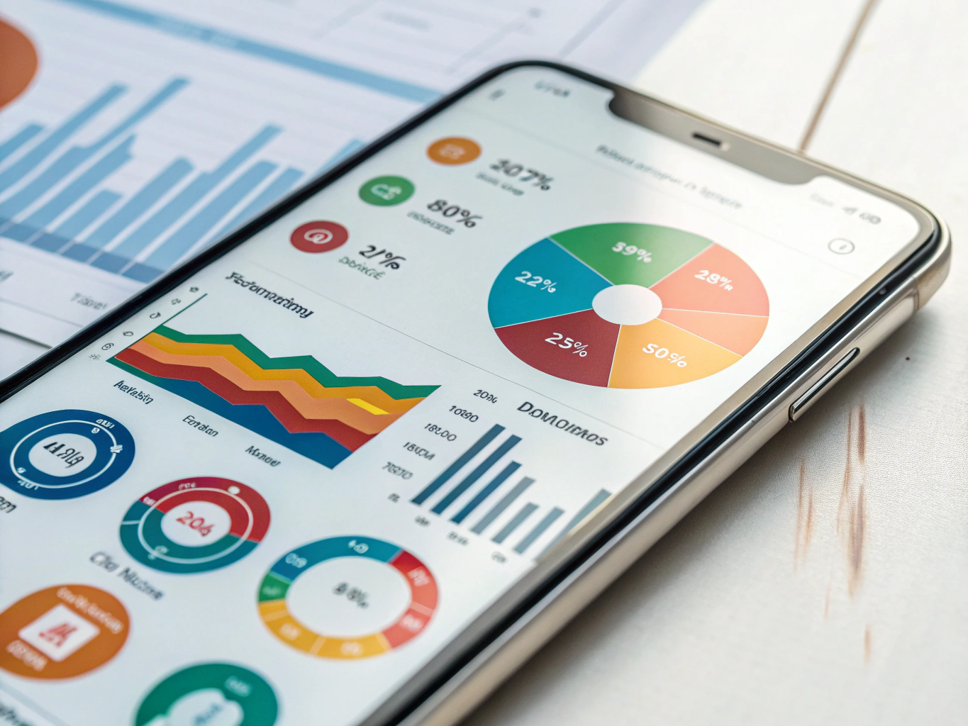 Mobile app analysis visualization showing device with metrics and insights